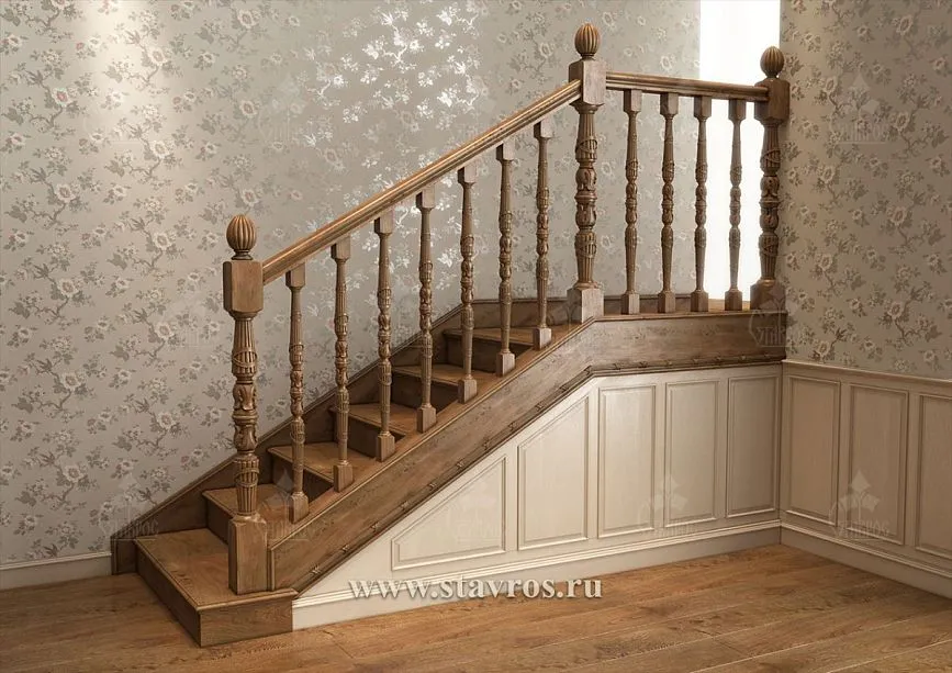 Wooden handrails for the RLE-059 staircase with natural texture, combination of classic balusters and warm wood tones