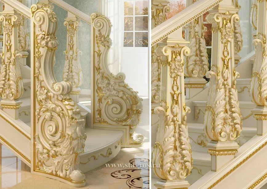 Close-up of the carved newel posts of the RLE-064 staircase with three-dimensional carving and gilded baroque patterns