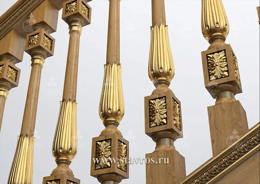 Composition of carved balusters and posts on staircase RLE-034 &ndash; harmonious combination of classic design