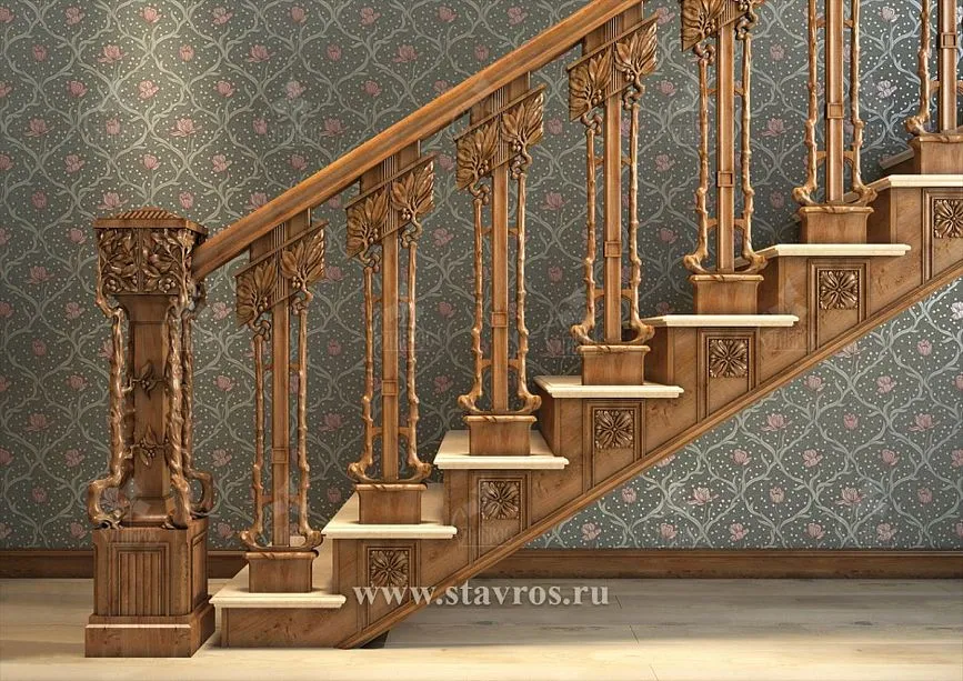 Carved staircase post RLE-061 with artistic carving in the form of floral patterns.