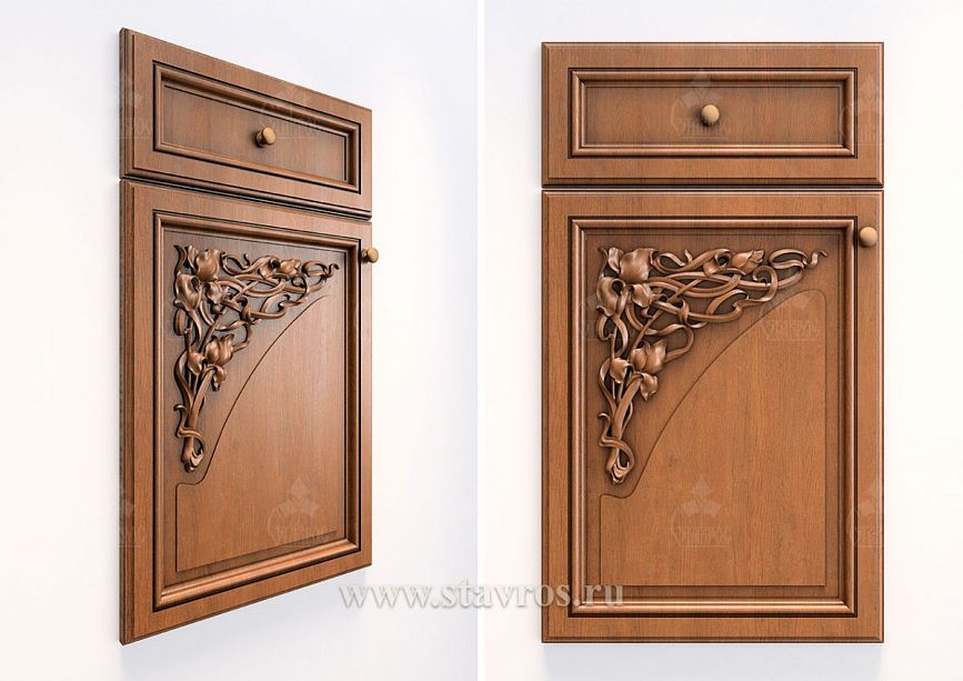 Kitchen facade made of solid wood with an elegant framed construction and three-dimensional carving in the upper left corner