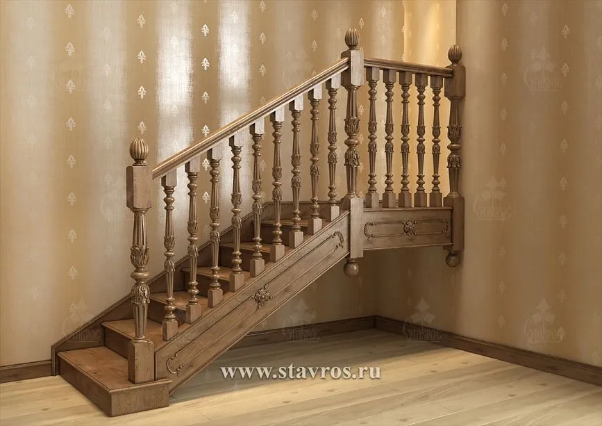 Carved balusters for wooden staircases with decorative elements