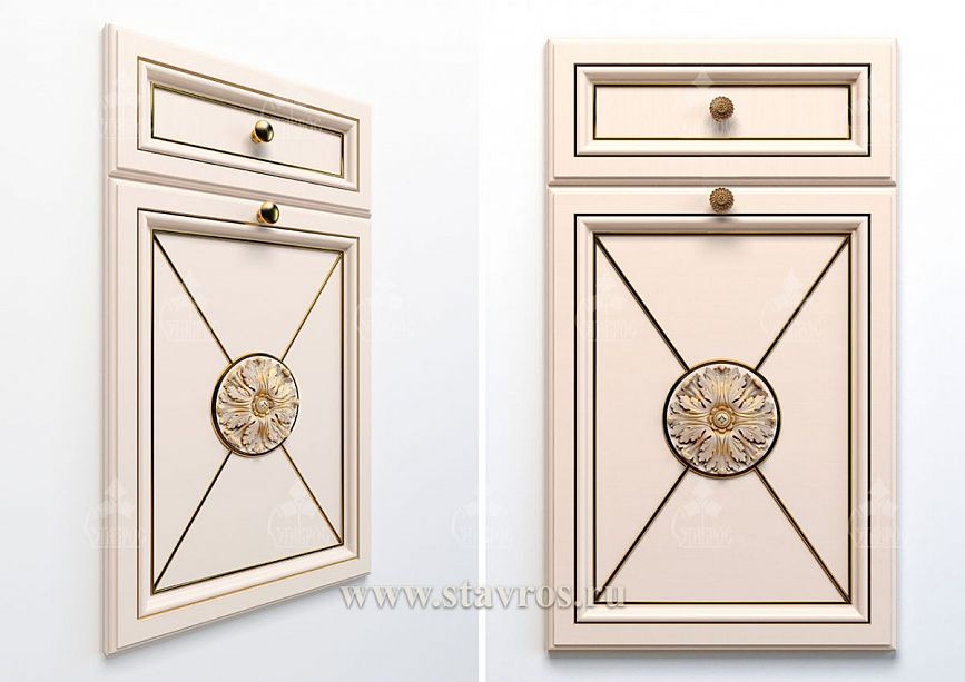 Decorative facade for a kitchen cabinet in a classic style, painted in cream with gold accents