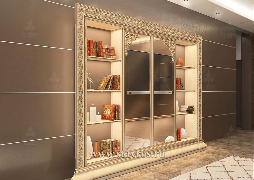 Carved TV frame RTV-008 with mirrored doors and built-in lighting against a dark interior