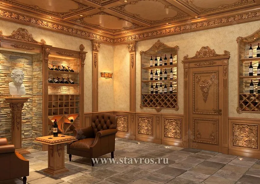 Wine cellar with wooden carvings &mdash; an elegant space with carved panels, leather chairs, and wine racks
