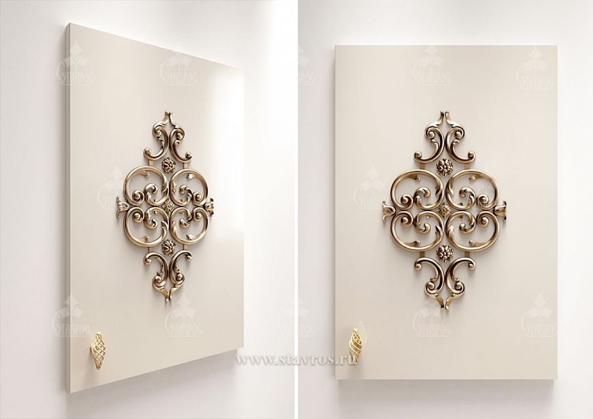Exclusive facade for kitchens and cabinets with carved elements and gold accents.