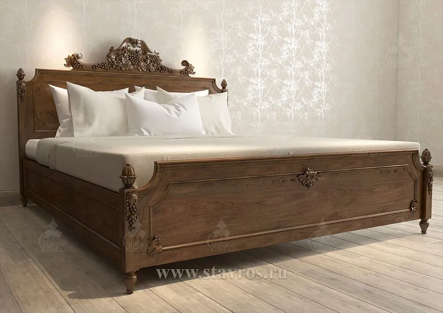 KRV-013 bed in classic style with carved decoration and solid headboard