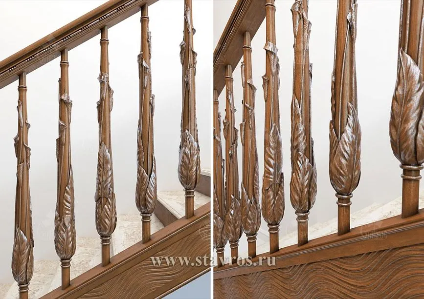 RLE-019 staircase with balusters shaped like elongated leaves and massive posts