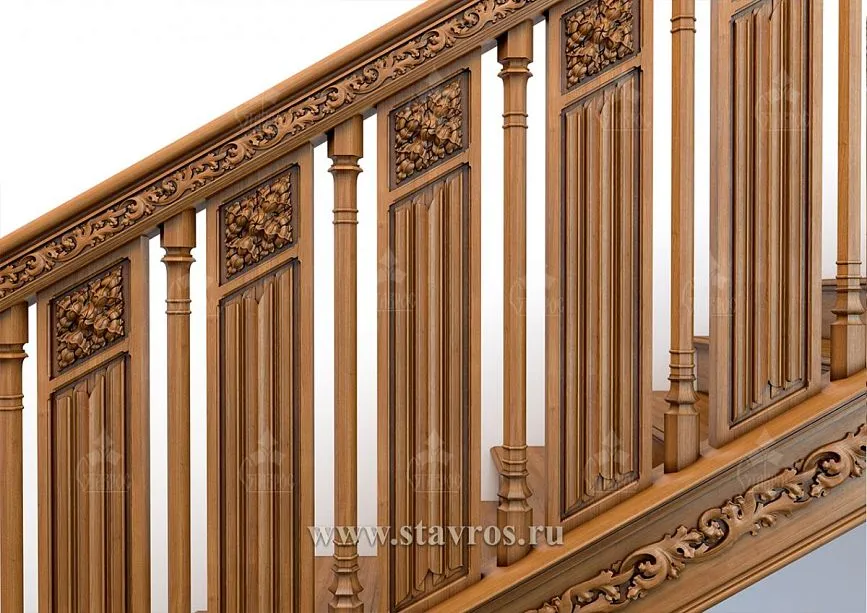 Decorative elements of the RLE-021 staircase &ndash; carved panels and balusters