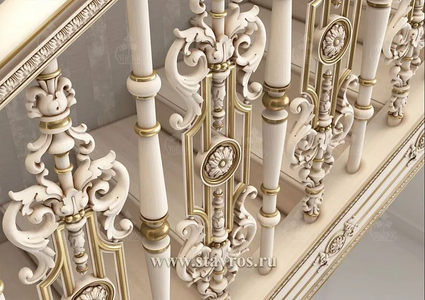 Balusters and posts of the RLE-035 staircase, gilded and patinated