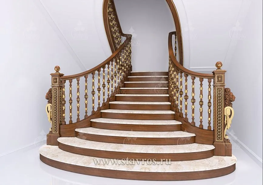 Balustrade of the RLE-012 staircase with gilded balusters and artistic carving