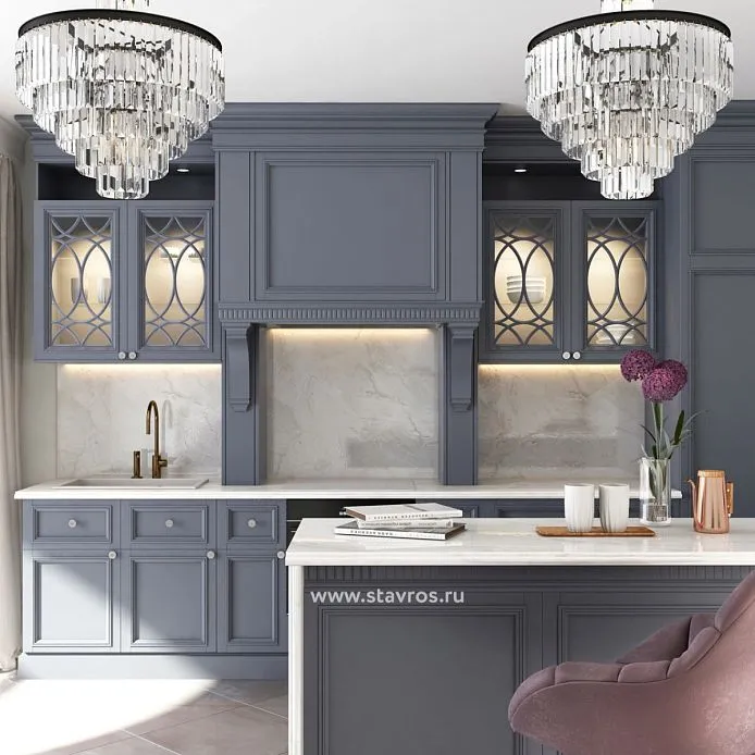 Carved elements and decorative inserts in the design of a kitchen in neoclassical style