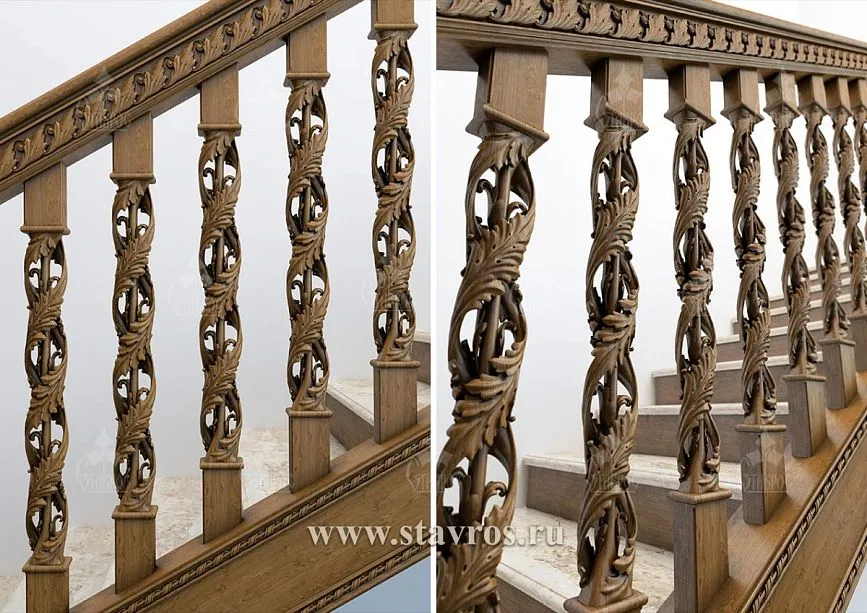 Close-up of the carved balusters of the RLE-025 staircase with elegant floral patterns and through-carving.