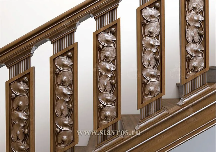 Wooden handrails of the RLE-018 staircase with smooth surface and smooth lines