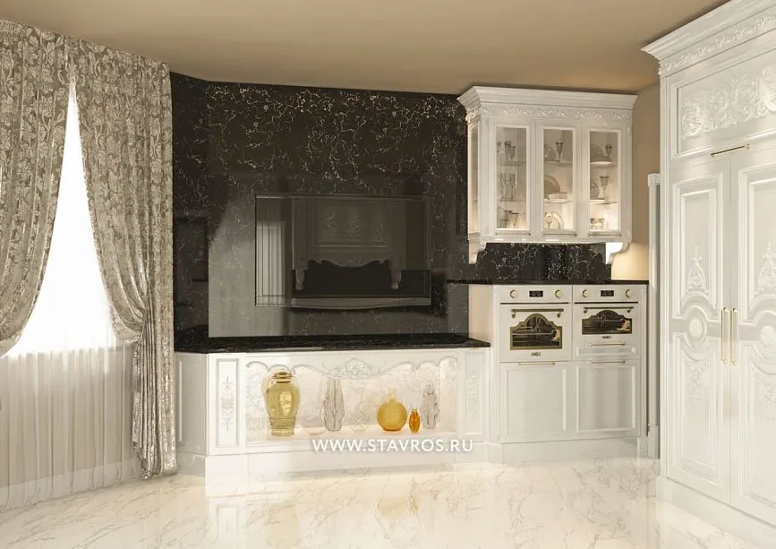 Baroque kitchen decor &ndash; stained glass cabinets and carved elements