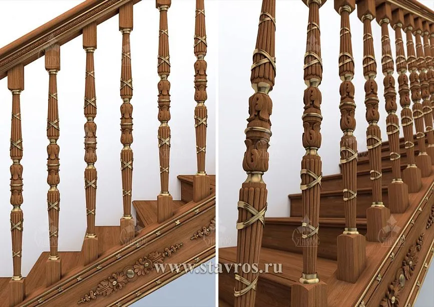 Close-up of carved balusters of staircase RLE-028 with gold inserts