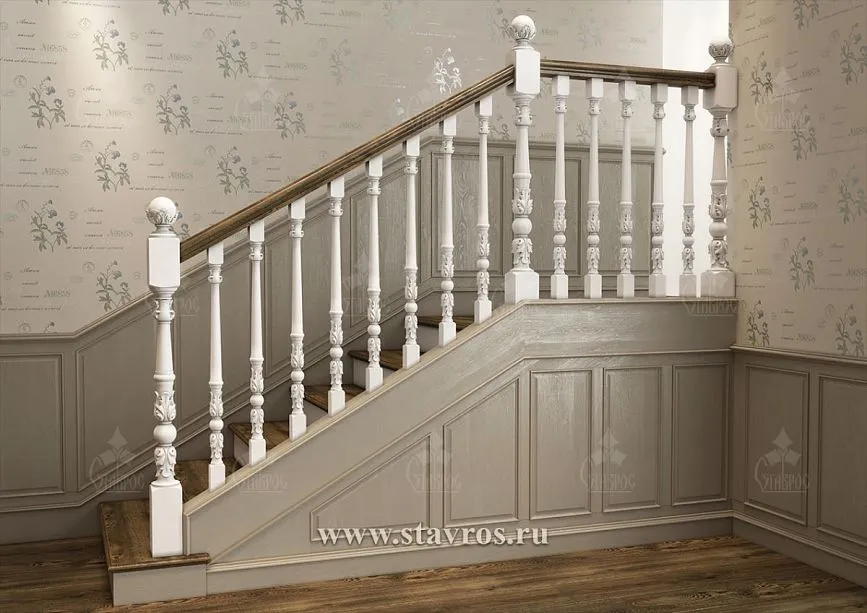 Carved white balusters for staircase RLE-060, adorned with decorative carving