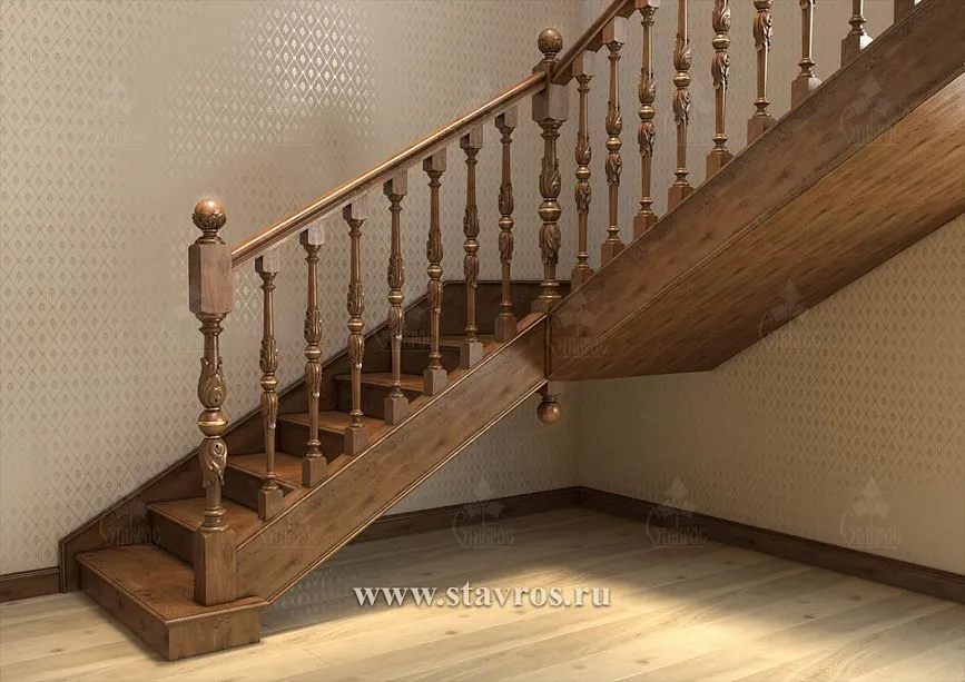Carved balusters for wooden staircases with decorative elements