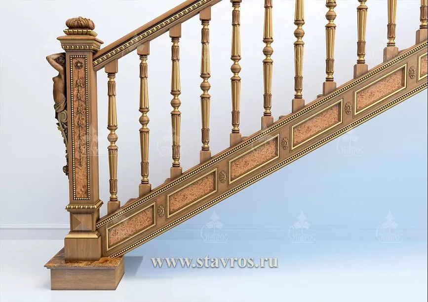 Decorative elements of staircase RLE-009 &ndash; balusters, inlays, and carved posts