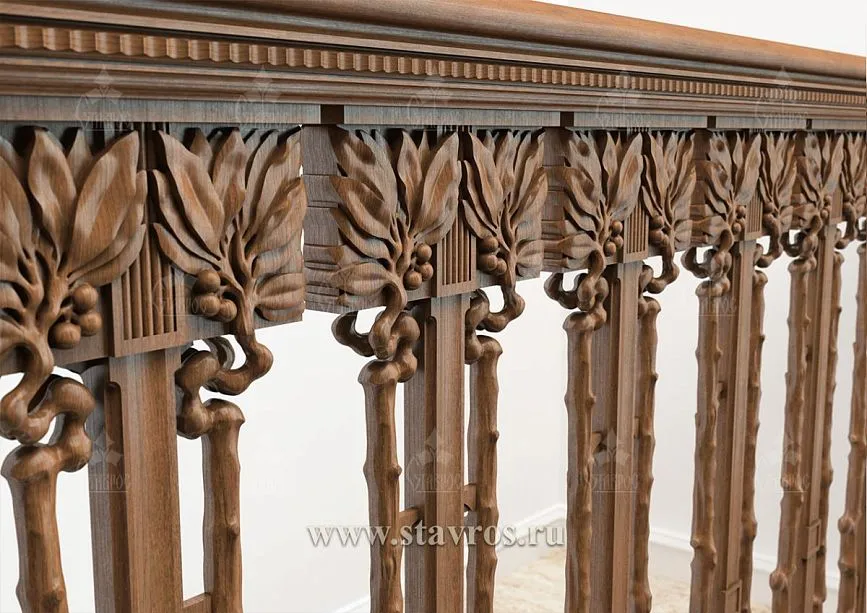 Detailed image of artistic carving on the balusters and handrails of the staircase