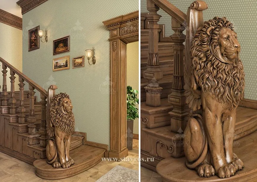 Detailed image of the carved post of the RLE-063 staircase with a lion figure, made from solid wood