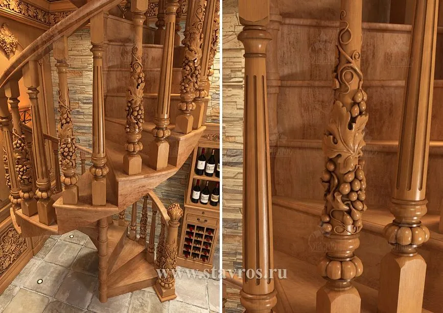 Helical staircase with carved balusters