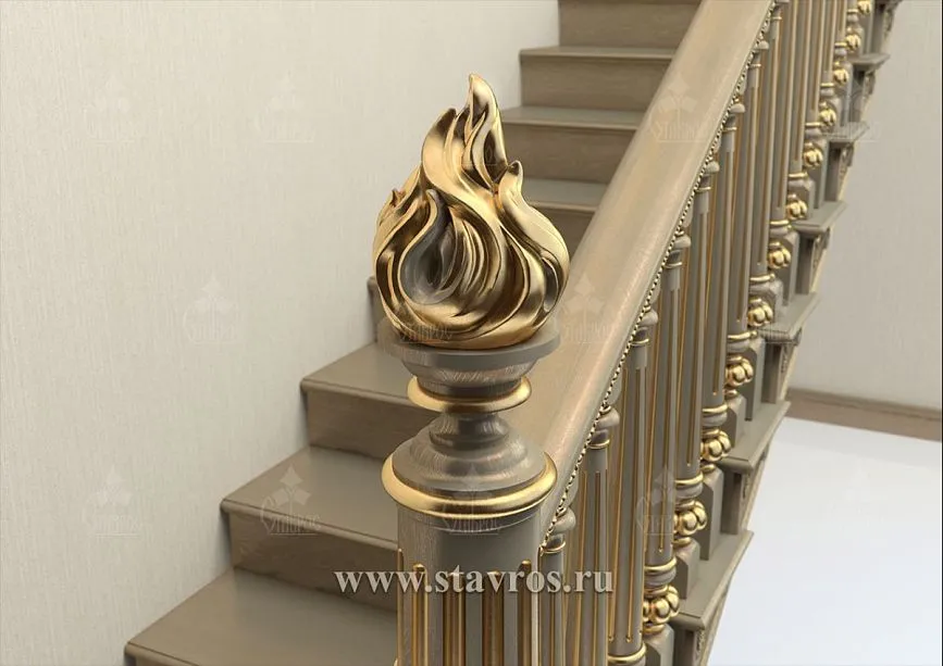 Newel cap of staircase newel in the shape of flame tongues with gilding