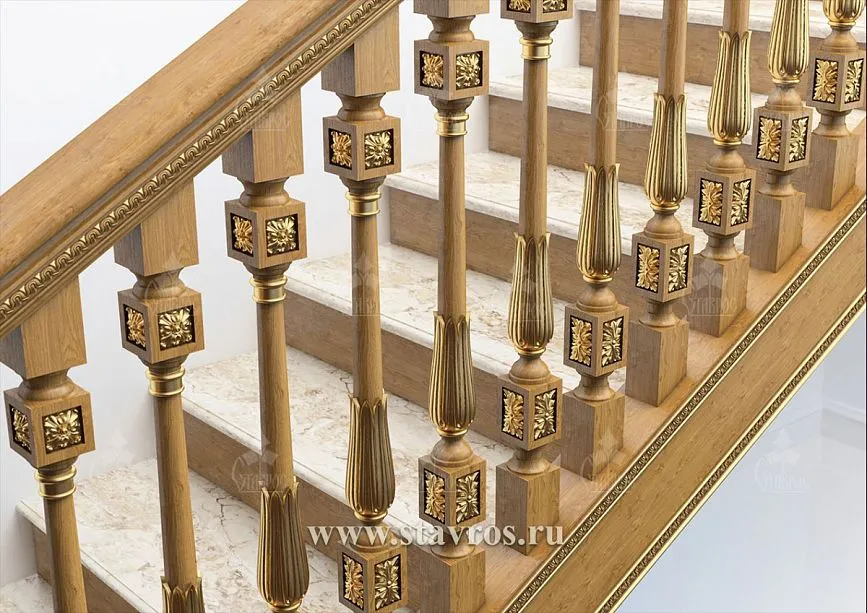 Perspective view of the carved staircase RLE-034 &ndash; balusters, wooden posts, carved handrails