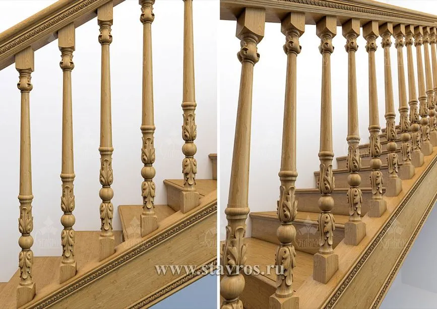 Close-up of the balusters of staircase RLE-027 with exquisite carved patterns