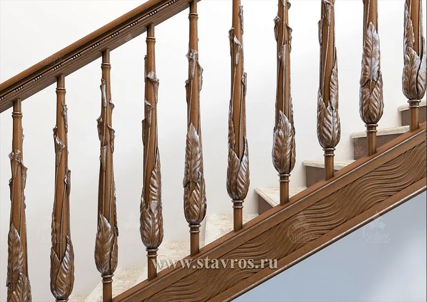 Close-up of artistic carvings on the balusters of the RLE-019 staircase