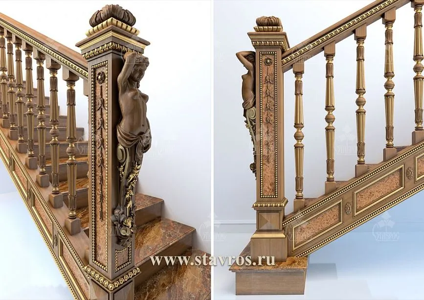 Carved wooden posts for staircase RLE-009 &ndash; robust construction and artistic carving