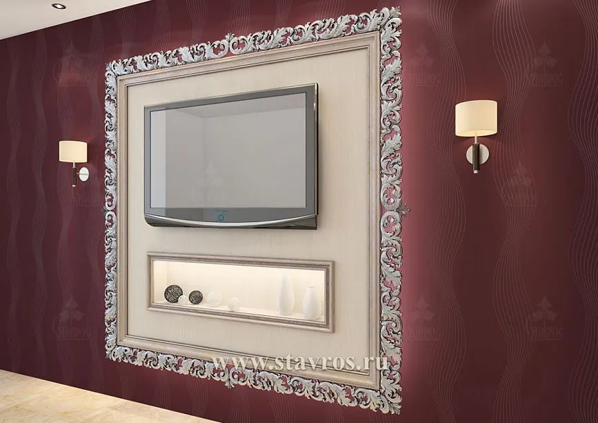 Carved TV frame RTV-006 in interior, side view with wall-mounted lights