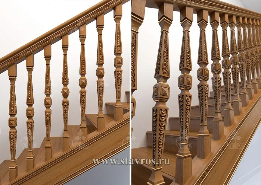 Close-up of the balusters of staircase RLE-029 with relief carving and symmetrical patterns.