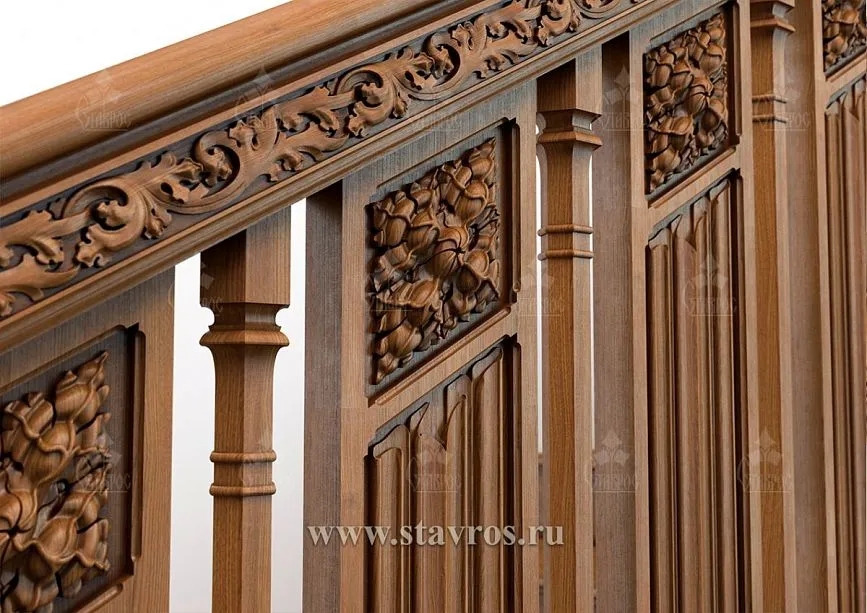 Wooden handrails with carving in the RLE-021 staircase project