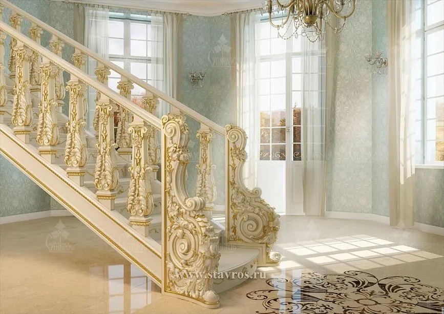 Classic RLE-064 staircase with massive carved posts, balusters, and handrails