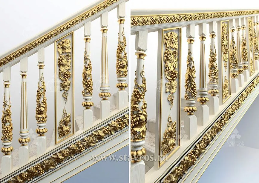 Classic carved staircase RLE-001 in white-gold finish