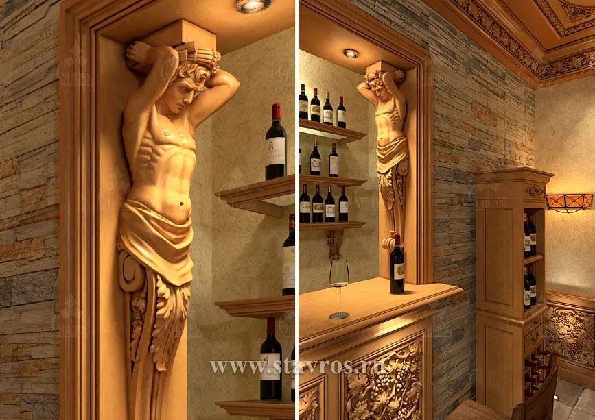 Carved wooden atlant supporting the bar counter