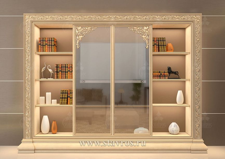 Classic carved TV frame RTV-008 with glass doors and decorative elements
