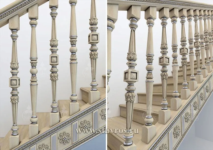 Carved staircase balusters with silver patina