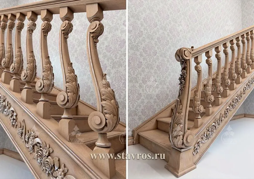 Wooden staircase with exclusive carved balusters and posts