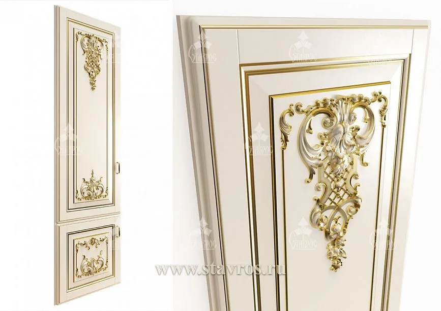 Elegant furniture facade FAS-041 with refined patterns and symmetrical gold-toned decor.