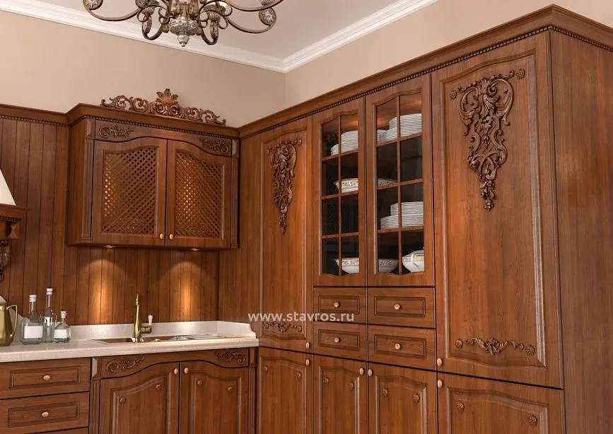 Kitchen cabinet with carved fronts and glass doors