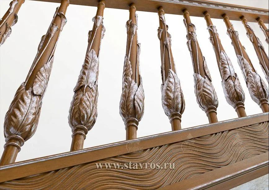 Overall view of the carved RLE-019 staircase with wooden elements and carved ornaments