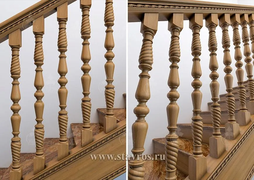 Decorative balusters of the RLE-037 staircase, carved wooden elements