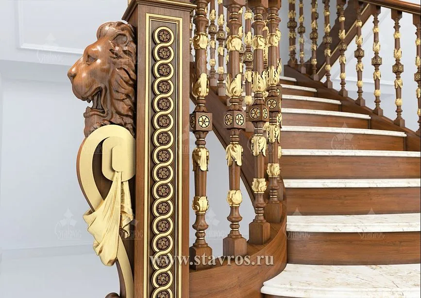 Lion figures and decorative drapery on the carved columns of the RLE-012 staircase