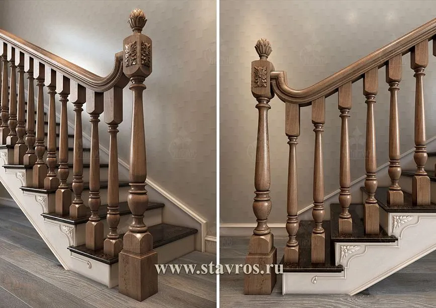 Decorative carved support post for the RLE-049 staircase