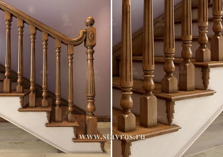 Wooden staircase with carved columns and smooth handrails
