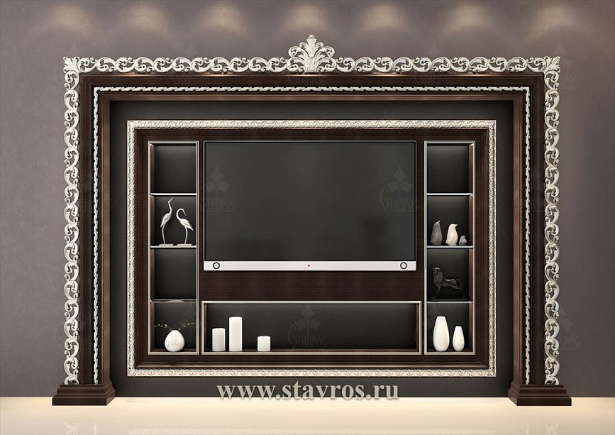 Elegant TV frame RTV-007 with decorative carved patterns and built-in shelves