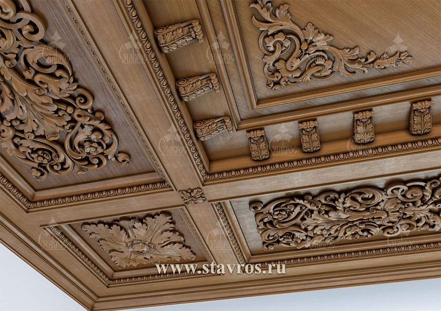 Натуральный деревянный потолок RP-004 с центральной резной розеткой и элегантным погонажем