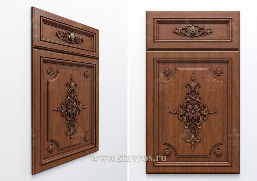Kitchen cabinet facade made of solid wood, adorned with carved elements in a classic style
